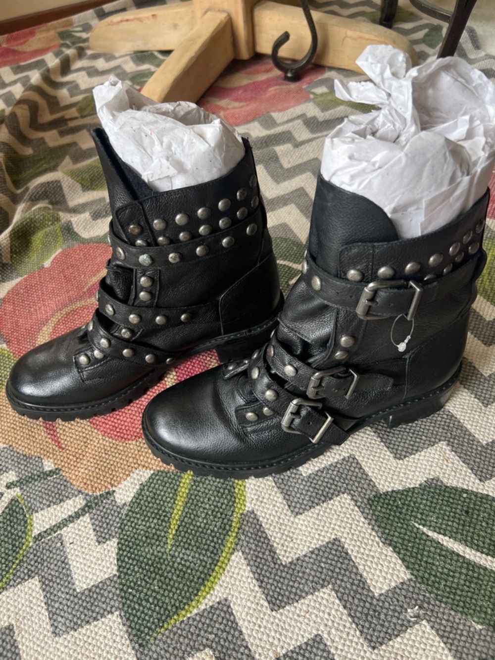 SCHUTZ Black Studded Leather Buckle Combat Boots- NEW